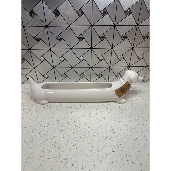 Creative Co-Op White Ceramic Weiner Dachshund Dog 15in Cracker Dish or Planter - Picture 1 of 10